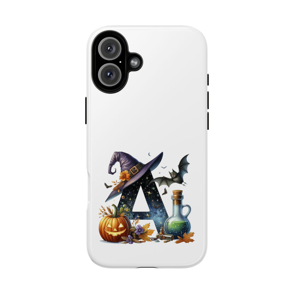 Halloween Witch Initial Phone Case - Letter A Pumpkin, Bat & Potion Cute Fall Phone Cover