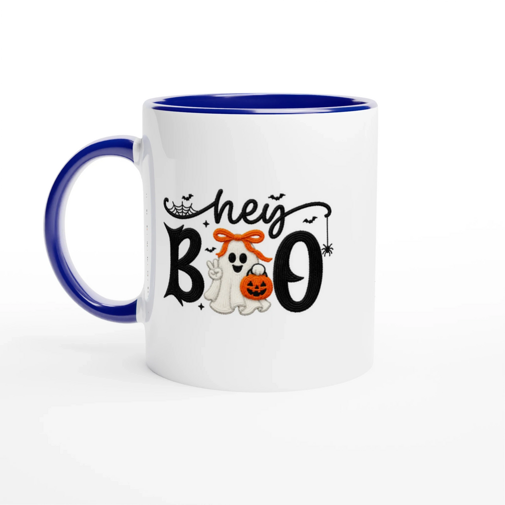 Hey Boo Ceramic Colour Mug – 11oz Glossy White Beverage Cup