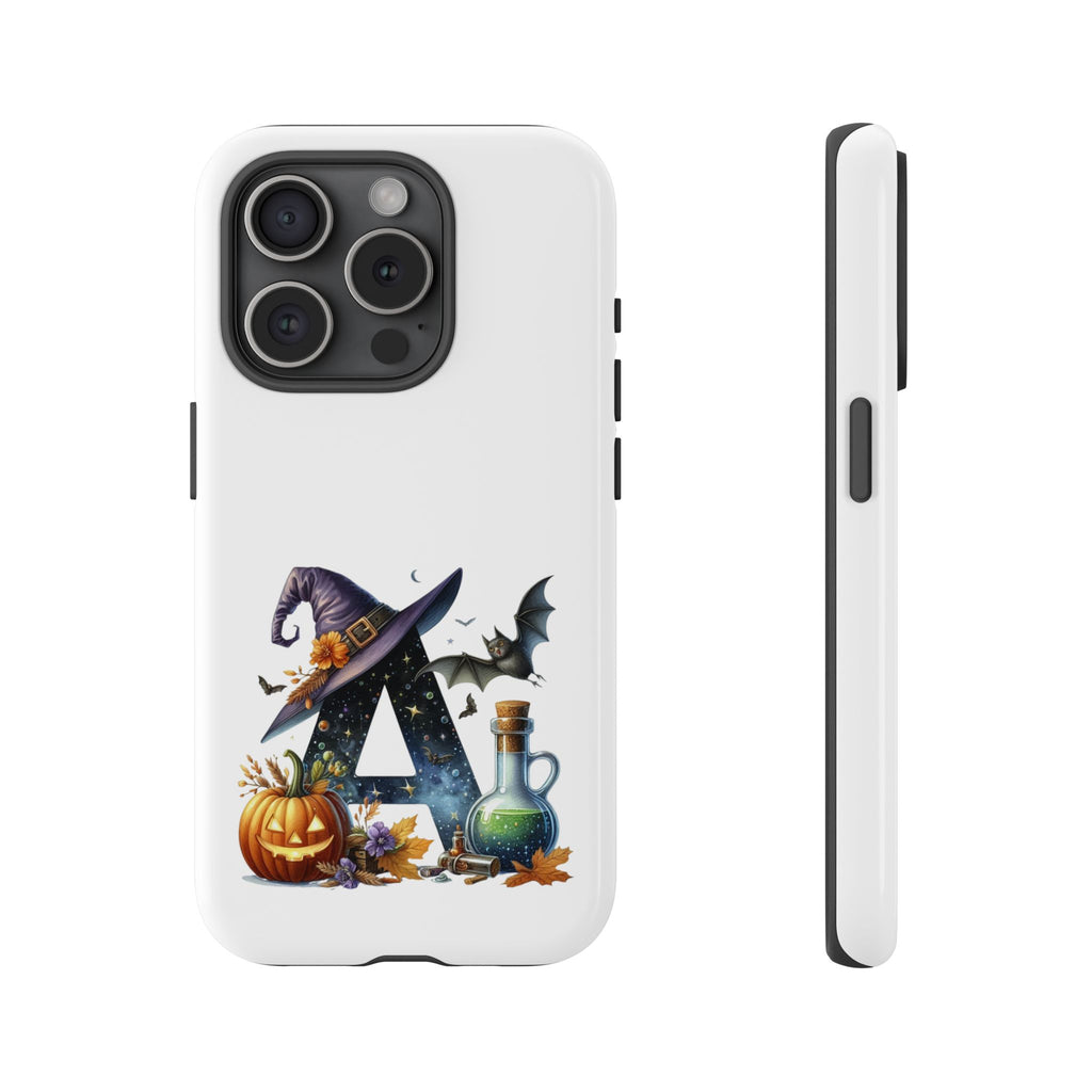 Halloween Witch Initial Phone Case - Letter A Pumpkin, Bat & Potion Cute Fall Phone Cover