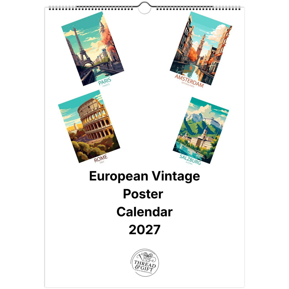 2027 European Vintage Scene Personalised Wall Calendar | Custom Date Printing