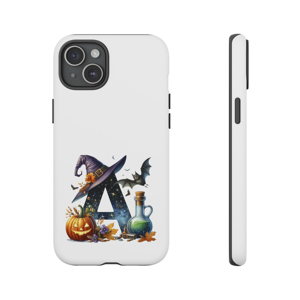 Halloween Witch Initial Phone Case - Letter A Pumpkin, Bat & Potion Cute Fall Phone Cover