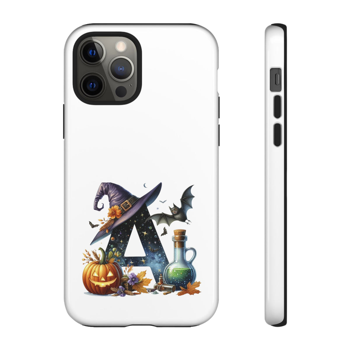 Halloween Witch Initial Phone Case - Letter A Pumpkin, Bat & Potion Cute Fall Phone Cover