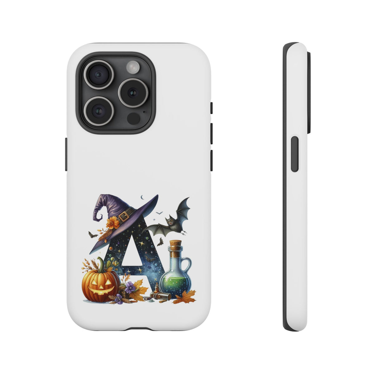 Halloween Witch Initial Phone Case - Letter A Pumpkin, Bat & Potion Cute Fall Phone Cover