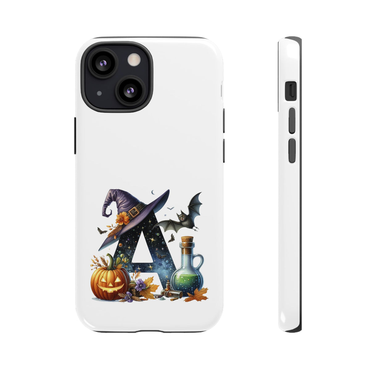 Halloween Witch Initial Phone Case - Letter A Pumpkin, Bat & Potion Cute Fall Phone Cover