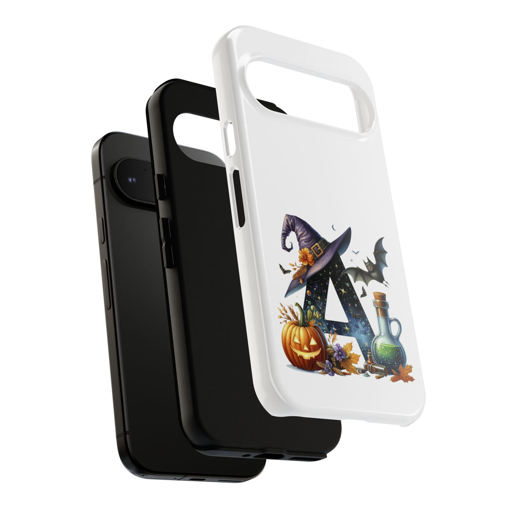 Halloween Witch Initial Phone Case - Letter A Pumpkin, Bat & Potion Cute Fall Phone Cover