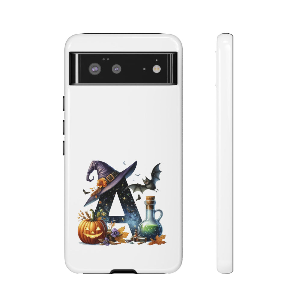 Halloween Witch Initial Phone Case - Letter A Pumpkin, Bat & Potion Cute Fall Phone Cover