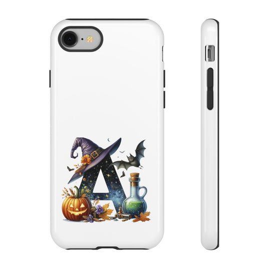 Halloween Witch Initial Phone Case - Letter A Pumpkin, Bat & Potion Cute Fall Phone Cover