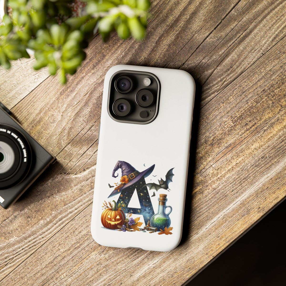 Halloween Witch Initial Phone Case - Letter A Pumpkin, Bat & Potion Cute Fall Phone Cover