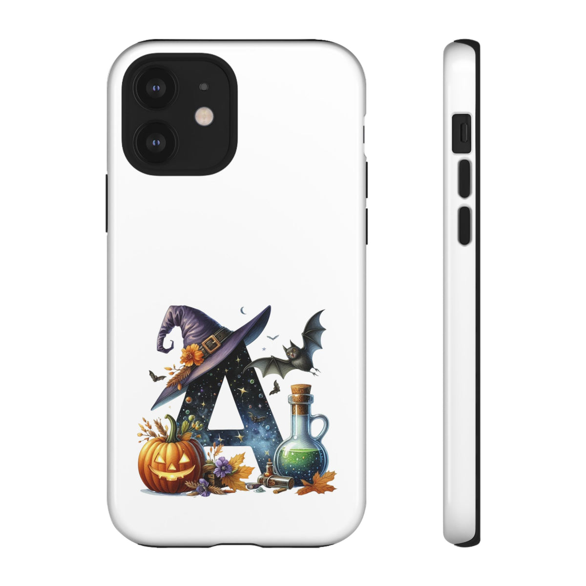 Halloween Witch Initial Phone Case - Letter A Pumpkin, Bat & Potion Cute Fall Phone Cover