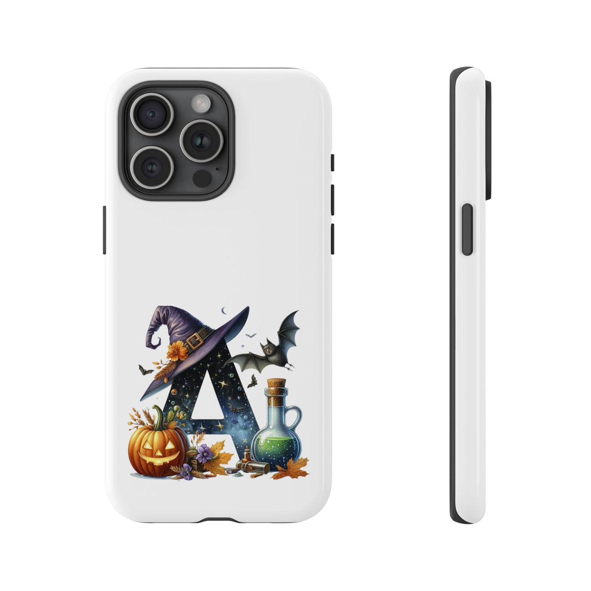 Halloween Witch Initial Phone Case - Letter A Pumpkin, Bat & Potion Cute Fall Phone Cover