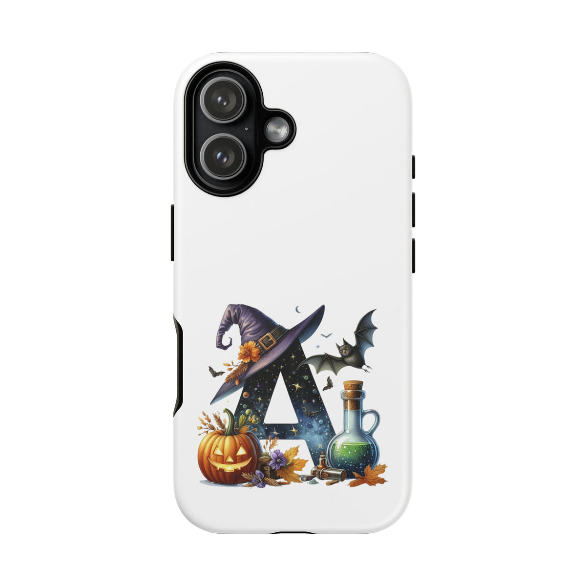 Halloween Witch Initial Phone Case - Letter A Pumpkin, Bat & Potion Cute Fall Phone Cover