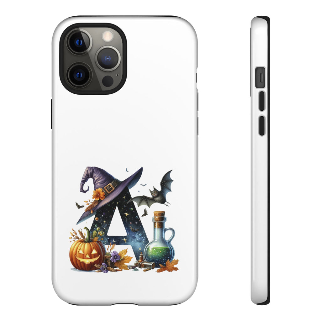 Halloween Witch Initial Phone Case - Letter A Pumpkin, Bat & Potion Cute Fall Phone Cover