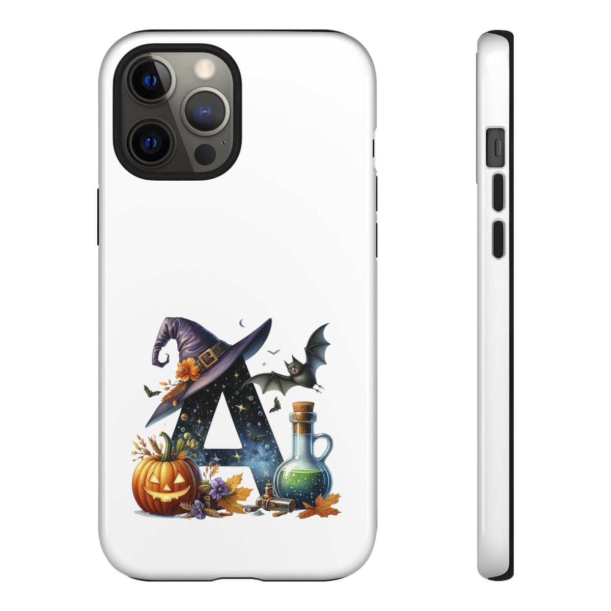 Halloween Witch Initial Phone Case - Letter A Pumpkin, Bat & Potion Cute Fall Phone Cover