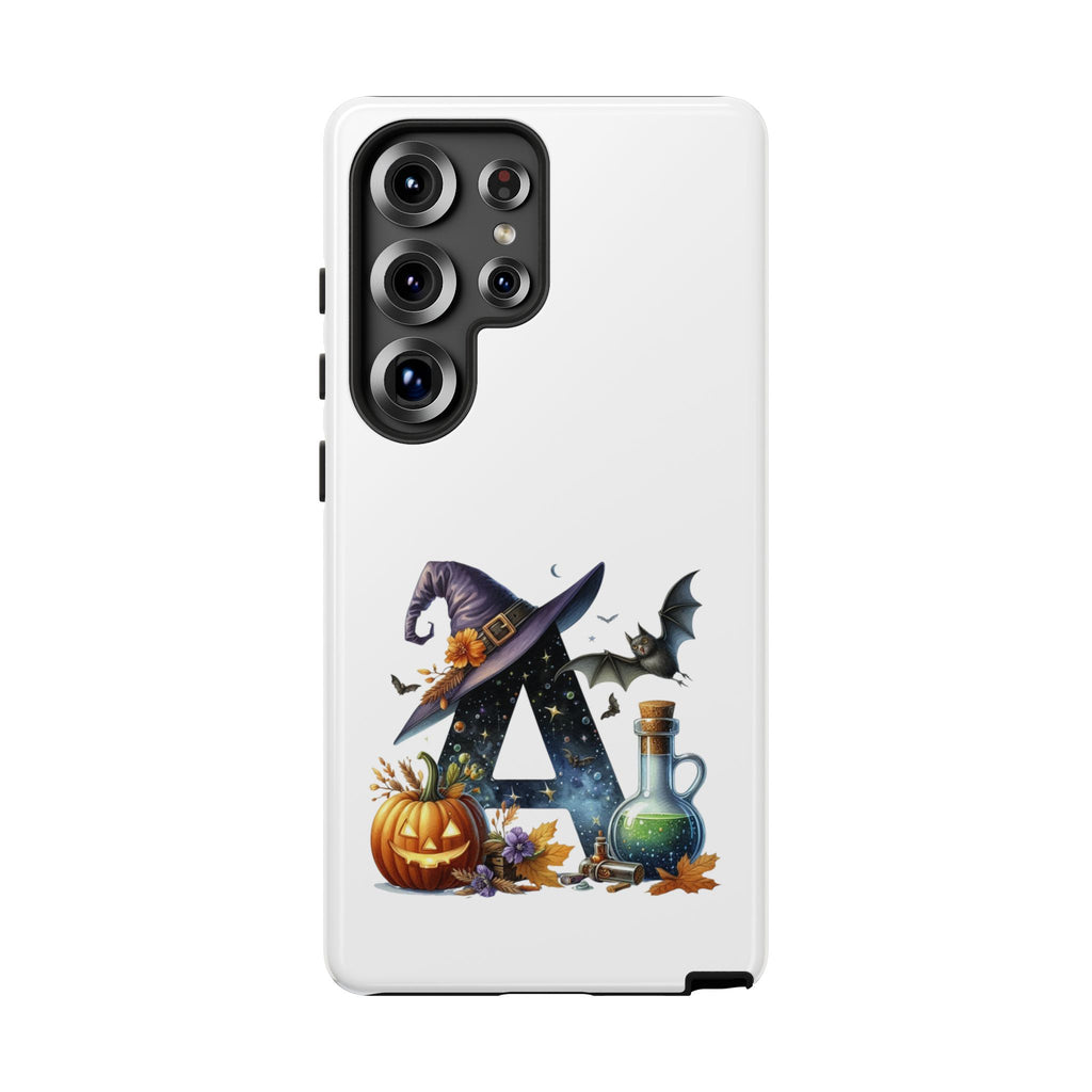 Halloween Witch Initial Phone Case - Letter A Pumpkin, Bat & Potion Cute Fall Phone Cover