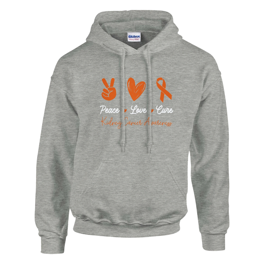 Peace, Love and Cure Kidney Cancer Awareness Unisex Pullover Hoodie
