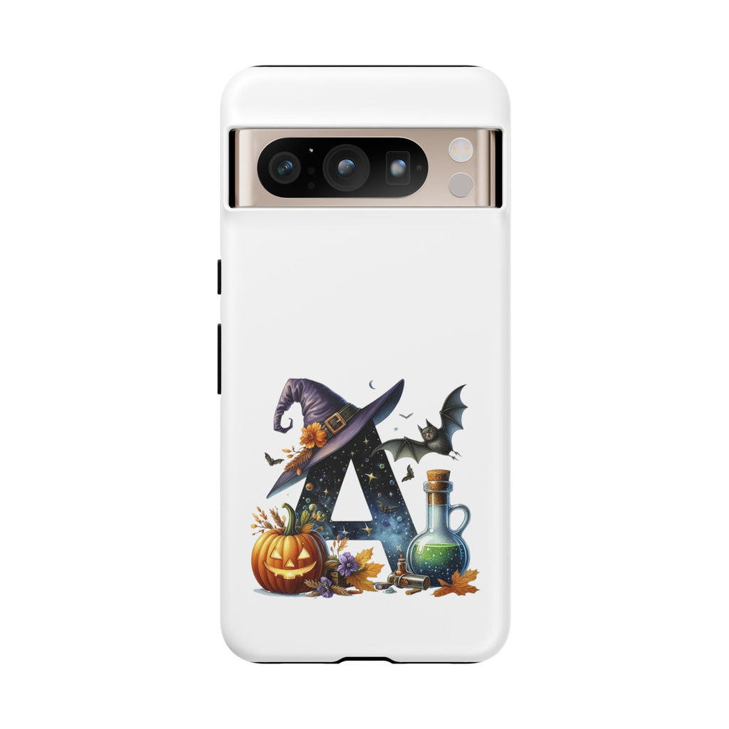 Halloween Witch Initial Phone Case - Letter A Pumpkin, Bat & Potion Cute Fall Phone Cover