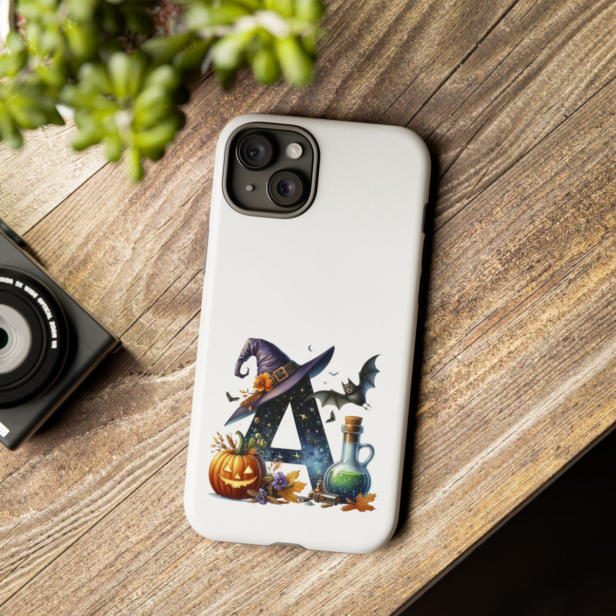 Halloween Witch Initial Phone Case - Letter A Pumpkin, Bat & Potion Cute Fall Phone Cover