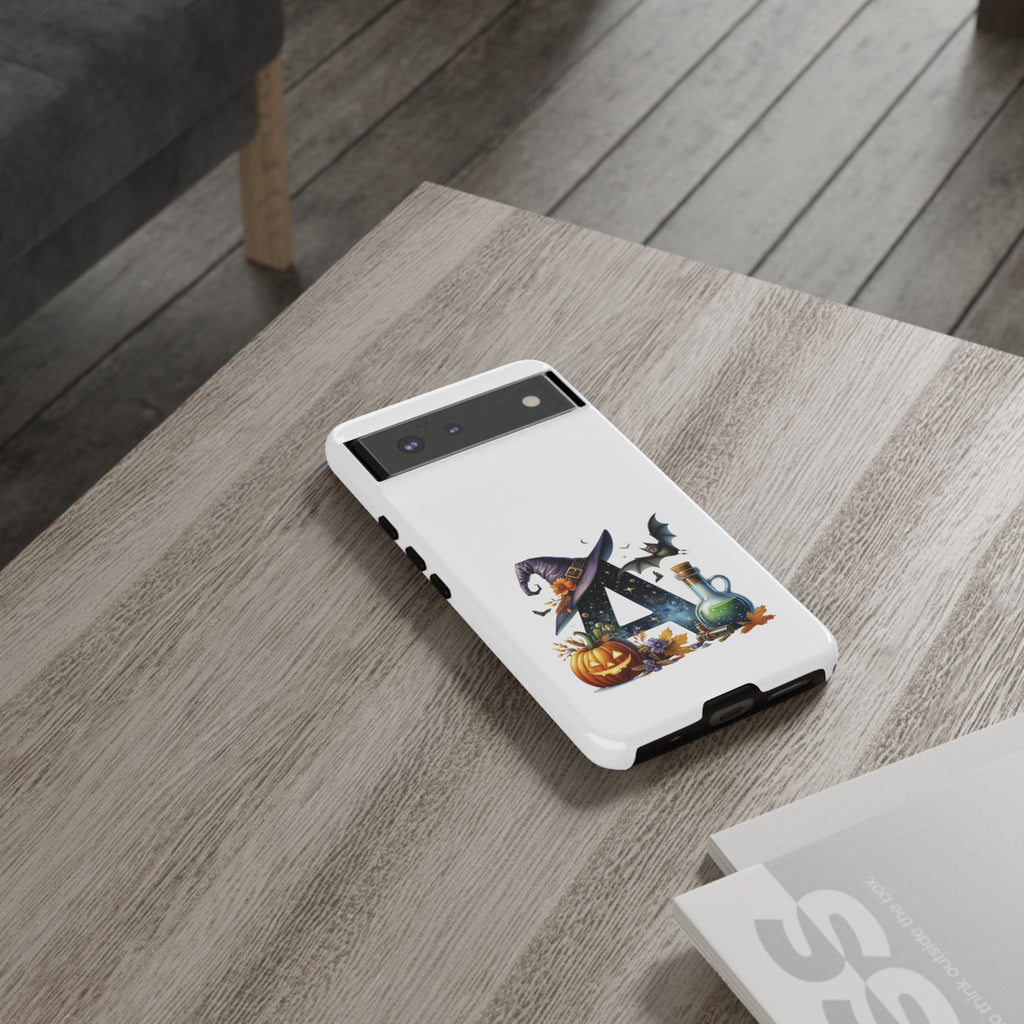 Halloween Witch Initial Phone Case - Letter A Pumpkin, Bat & Potion Cute Fall Phone Cover