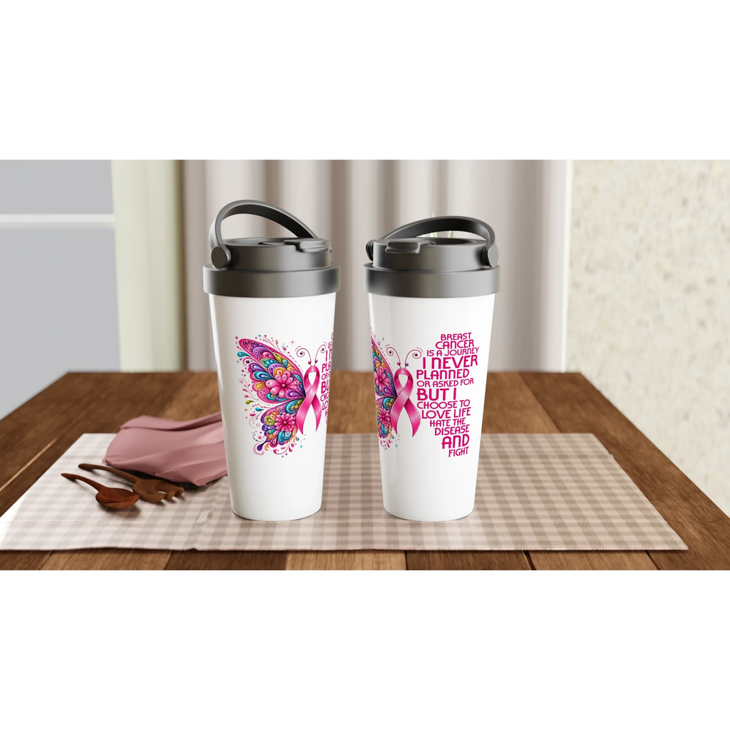 Butterfly Breast Cancer Awareness Travel Mug - 15oz Stainless Steel