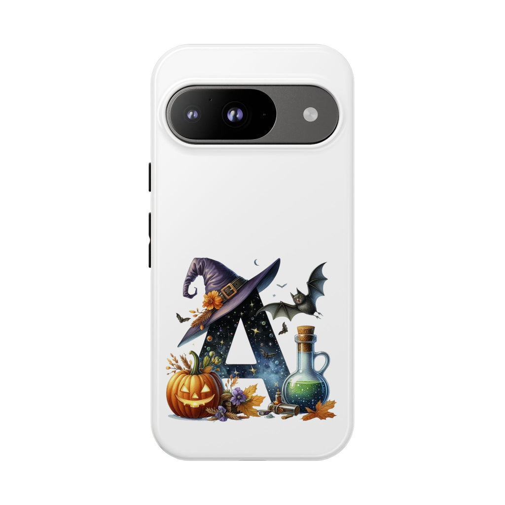 Halloween Witch Initial Phone Case - Letter A Pumpkin, Bat & Potion Cute Fall Phone Cover