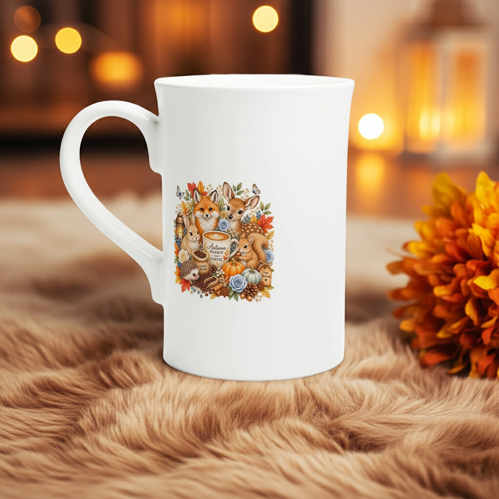 Cozy Autumn Woodland Porcelain Coffee Mug - 10oz Slim Design