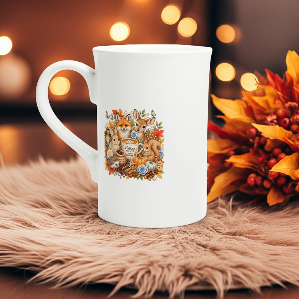 Cozy Autumn Woodland Porcelain Coffee Mug - 10oz Slim Design
