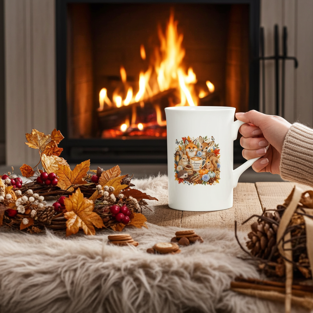 Cozy Autumn Woodland Porcelain Coffee Mug - 10oz Slim Design