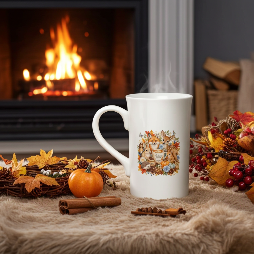 Cozy Autumn Woodland Porcelain Coffee Mug - 10oz Slim Design