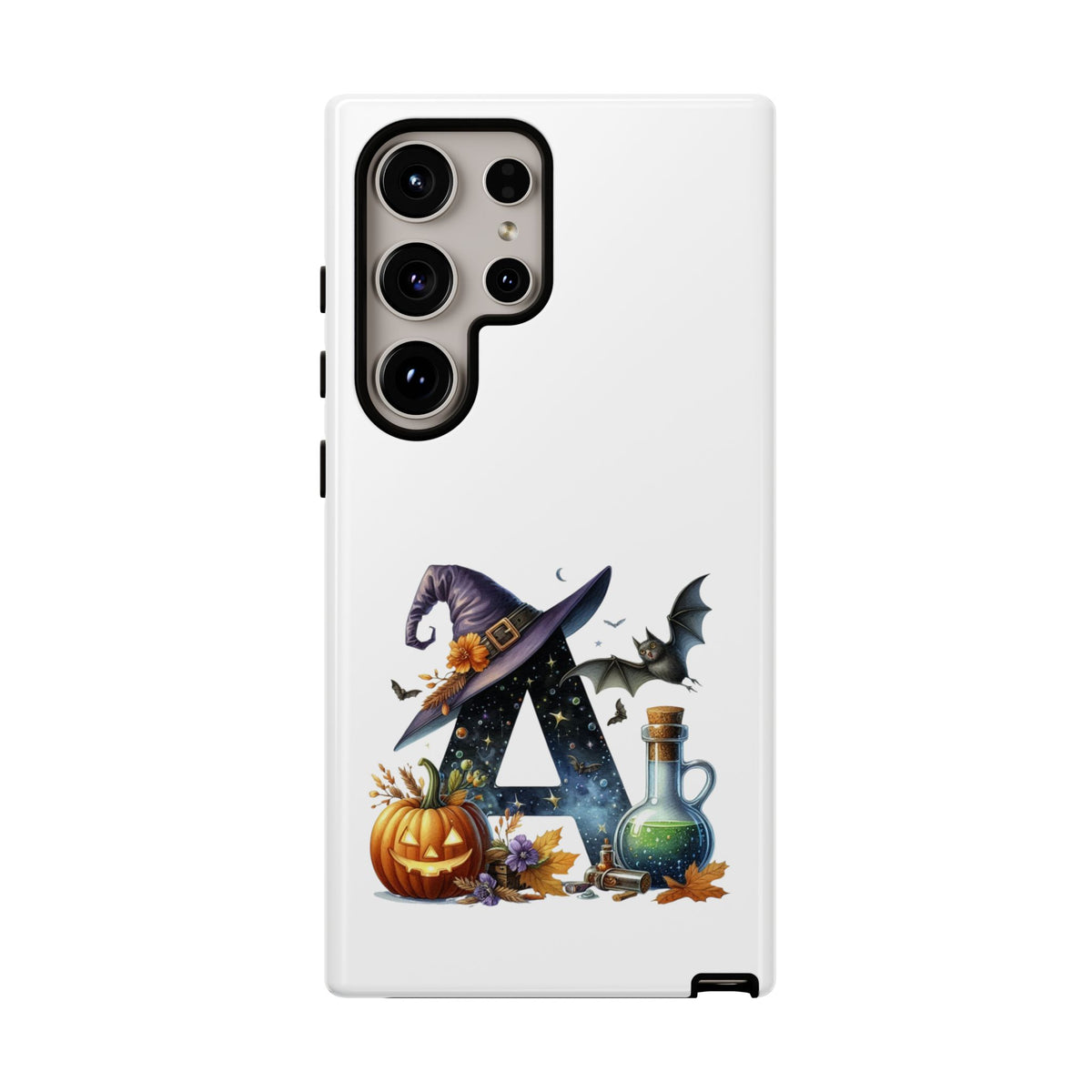Halloween Witch Initial Phone Case - Letter A Pumpkin, Bat & Potion Cute Fall Phone Cover