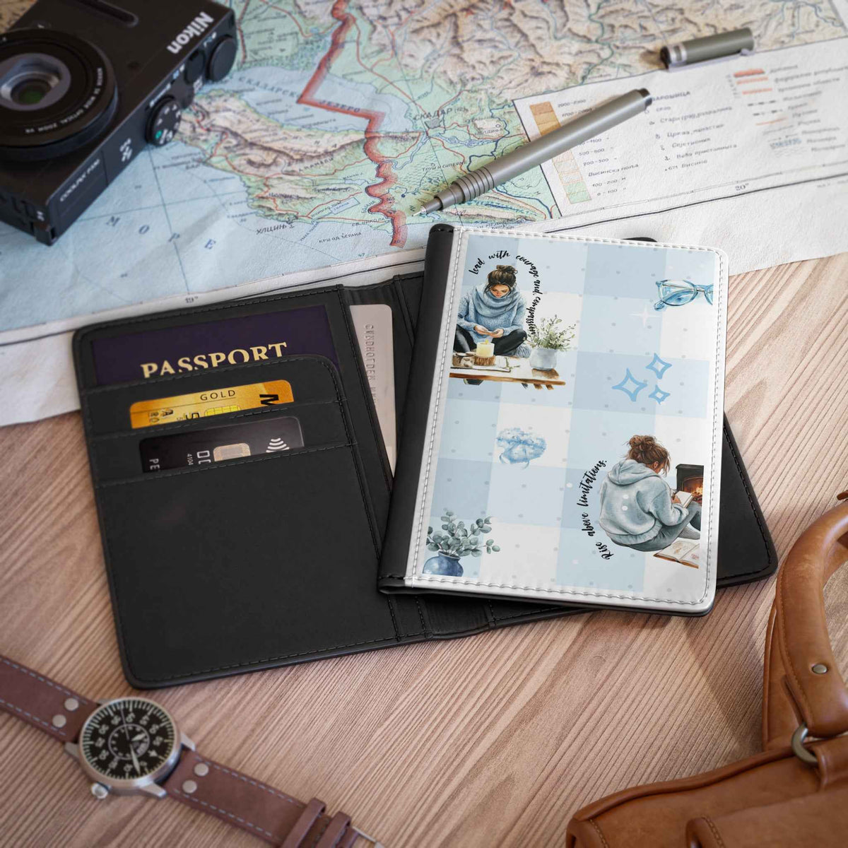 Cozy Blue Traveller Passport Cover — "Live with Curiosity" Illustrated Passport Holder