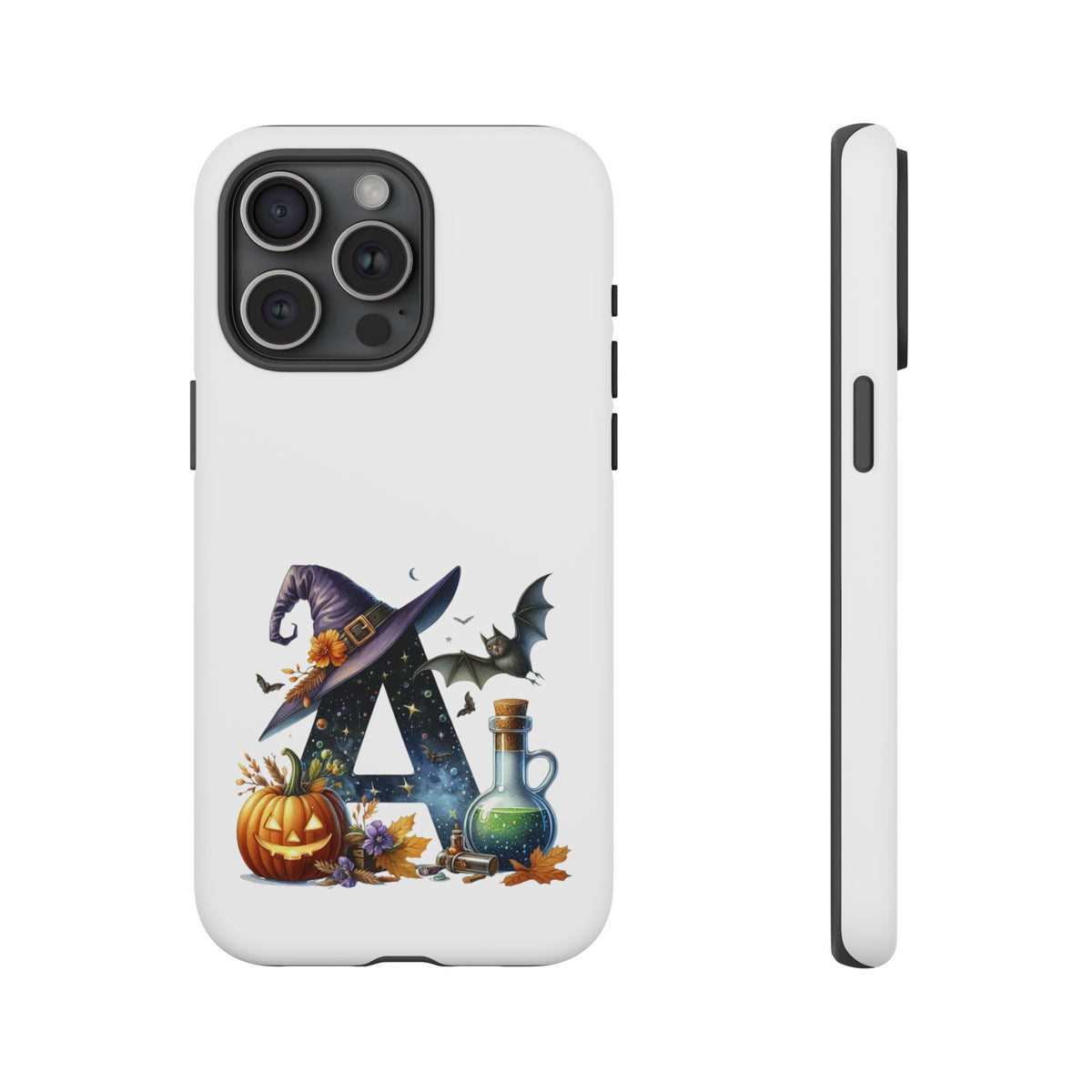 Halloween Witch Initial Phone Case - Letter A Pumpkin, Bat & Potion Cute Fall Phone Cover