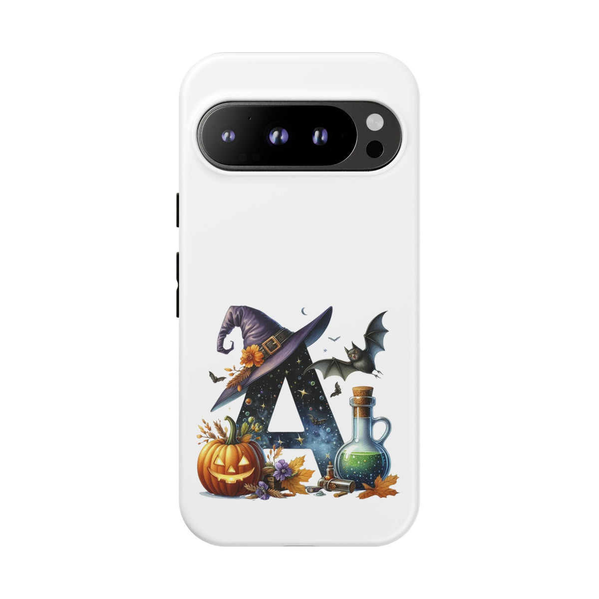 Halloween Witch Initial Phone Case - Letter A Pumpkin, Bat & Potion Cute Fall Phone Cover