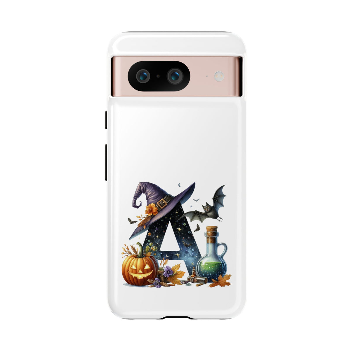 Halloween Witch Initial Phone Case - Letter A Pumpkin, Bat & Potion Cute Fall Phone Cover