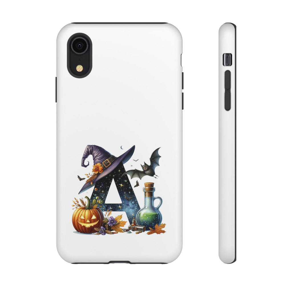 Halloween Witch Initial Phone Case - Letter A Pumpkin, Bat & Potion Cute Fall Phone Cover