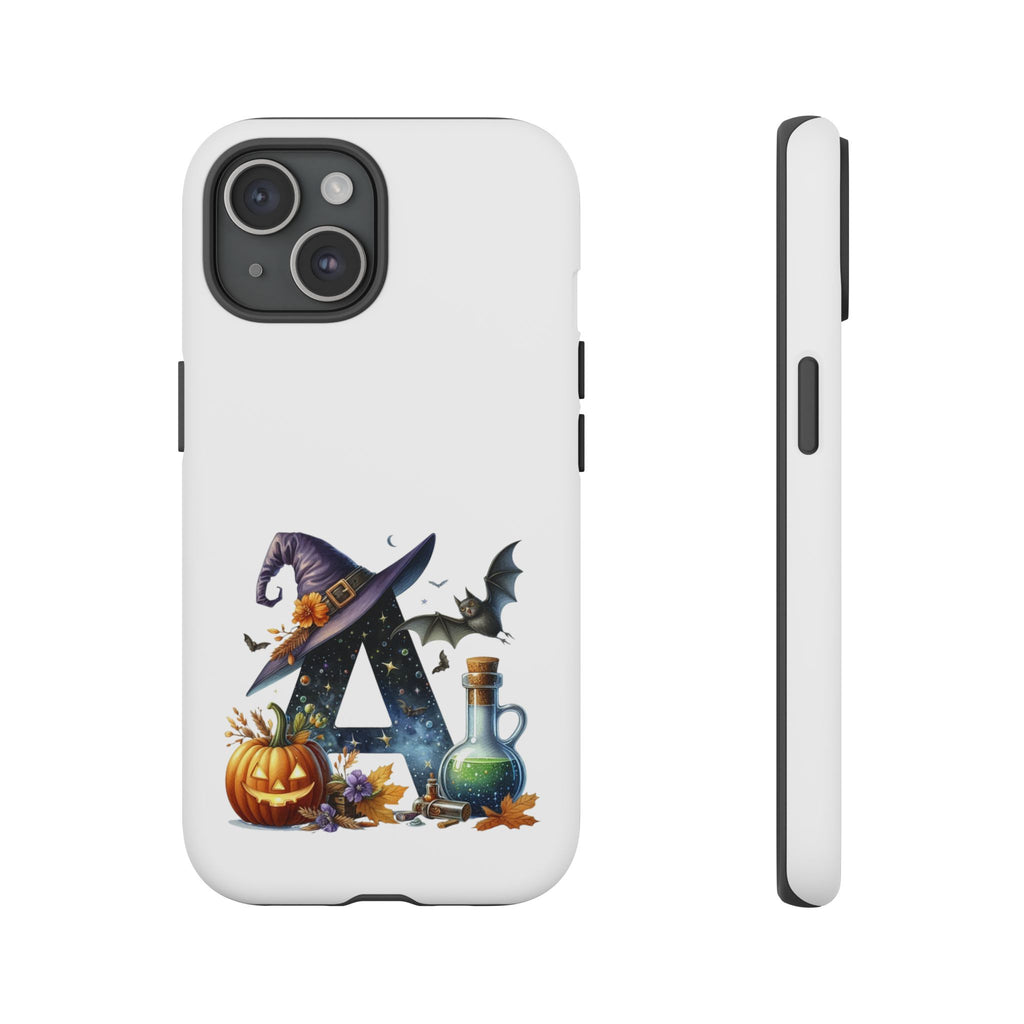 Halloween Witch Initial Phone Case - Letter A Pumpkin, Bat & Potion Cute Fall Phone Cover