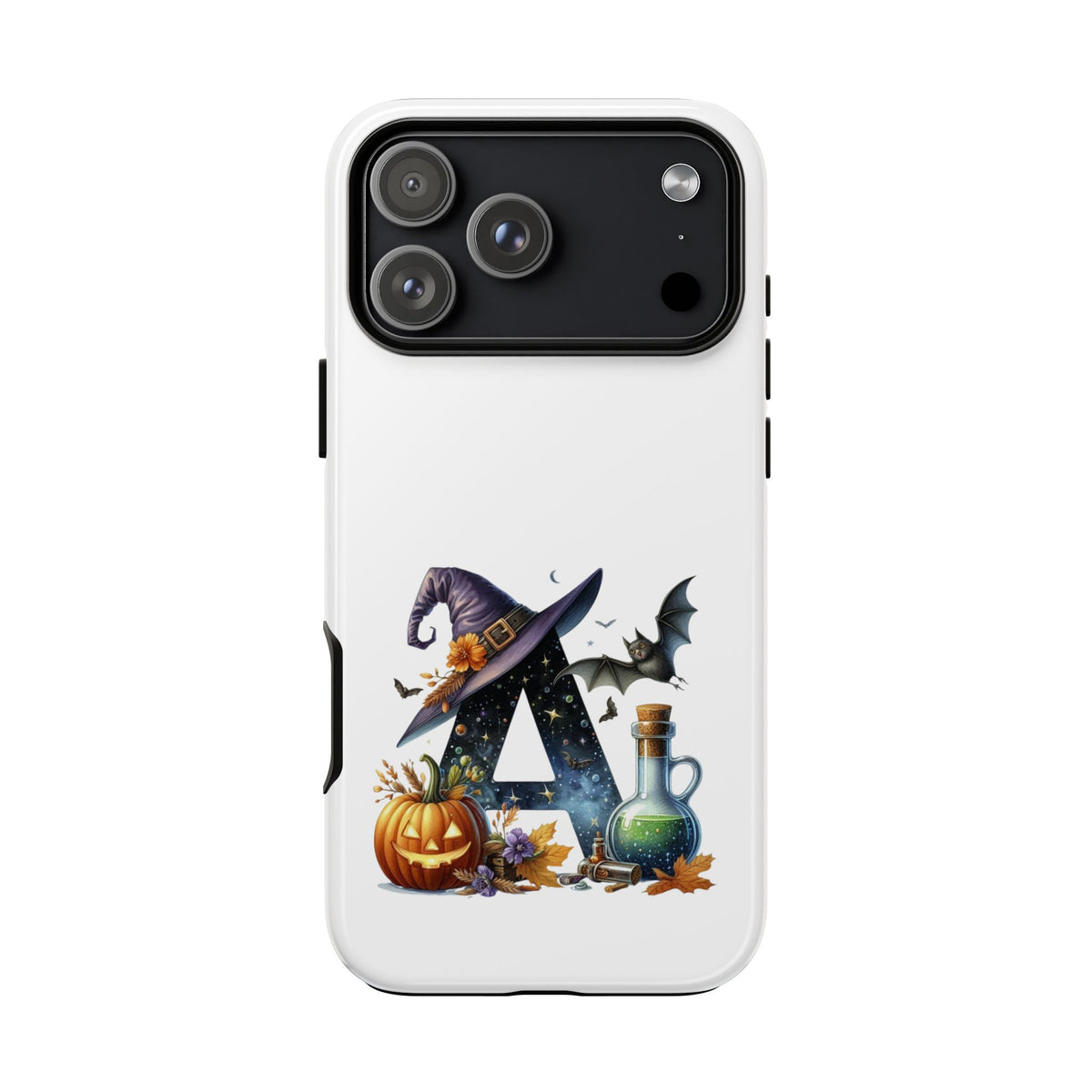 Halloween Witch Initial Phone Case - Letter A Pumpkin, Bat & Potion Cute Fall Phone Cover