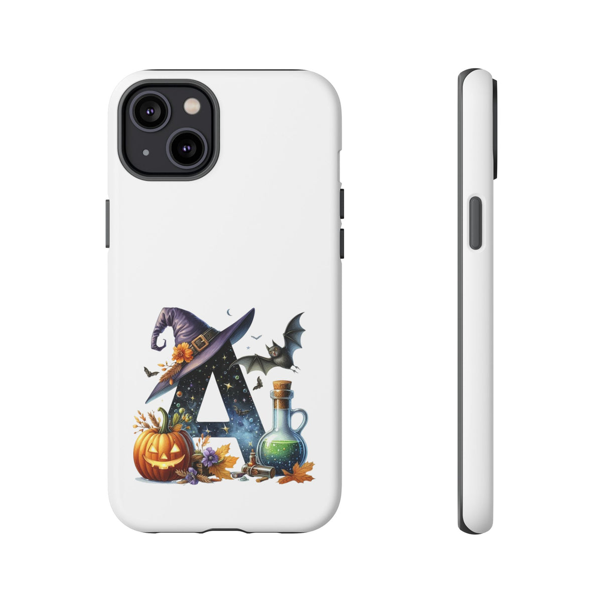 Halloween Witch Initial Phone Case - Letter A Pumpkin, Bat & Potion Cute Fall Phone Cover