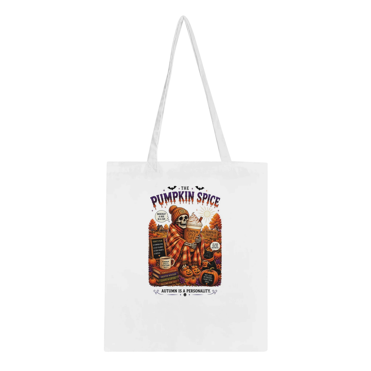 Pumpkin Spice Drink Skeleton Cotton Tote Bag – Eco-Friendly Reusable Shopper