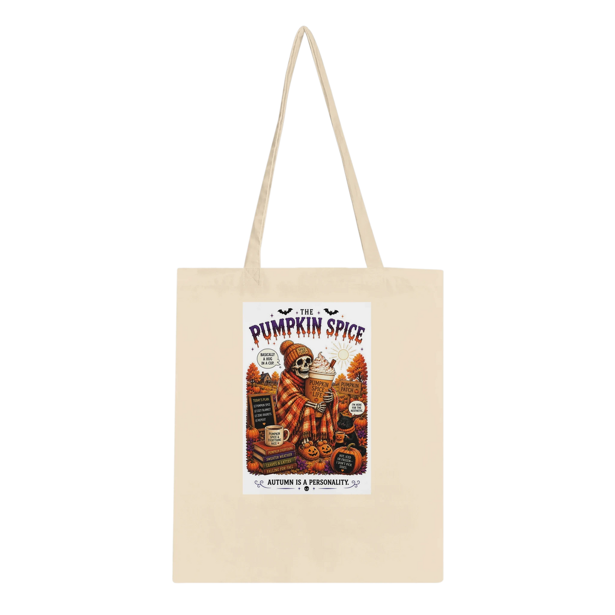 Pumpkin Spice Drink Skeleton Cotton Tote Bag – Eco-Friendly Reusable Shopper