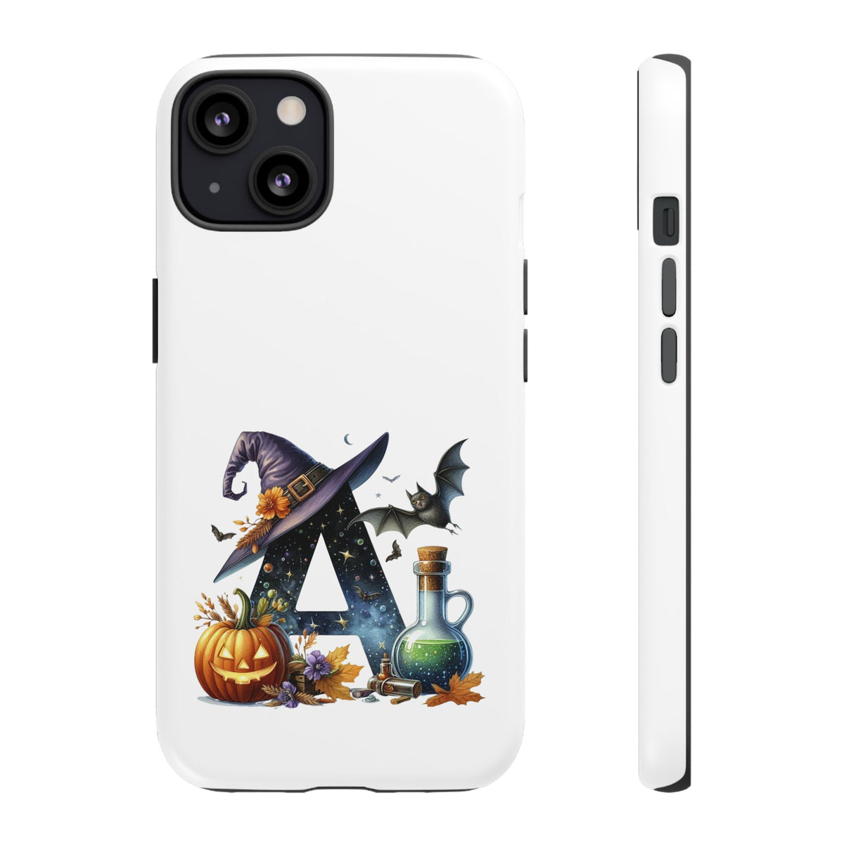 Halloween Witch Initial Phone Case - Letter A Pumpkin, Bat & Potion Cute Fall Phone Cover