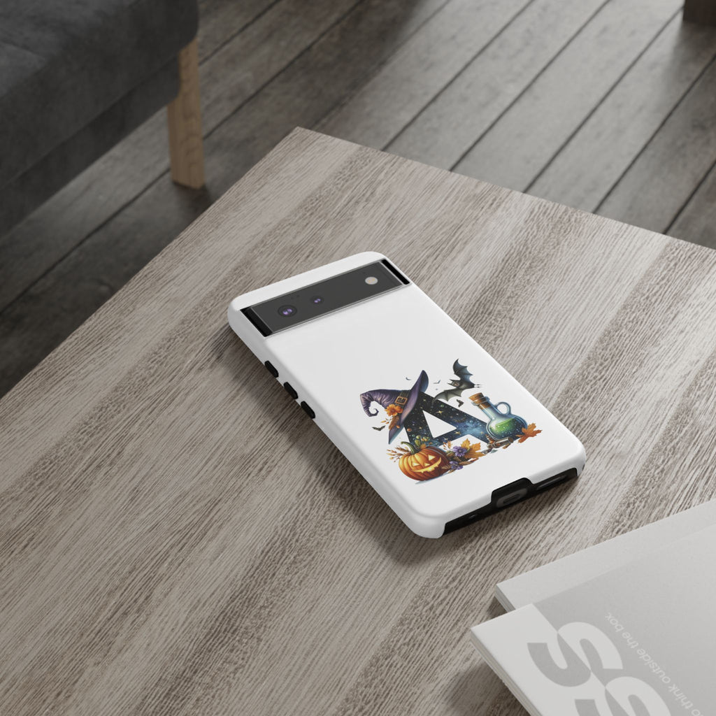 Halloween Witch Initial Phone Case - Letter A Pumpkin, Bat & Potion Cute Fall Phone Cover