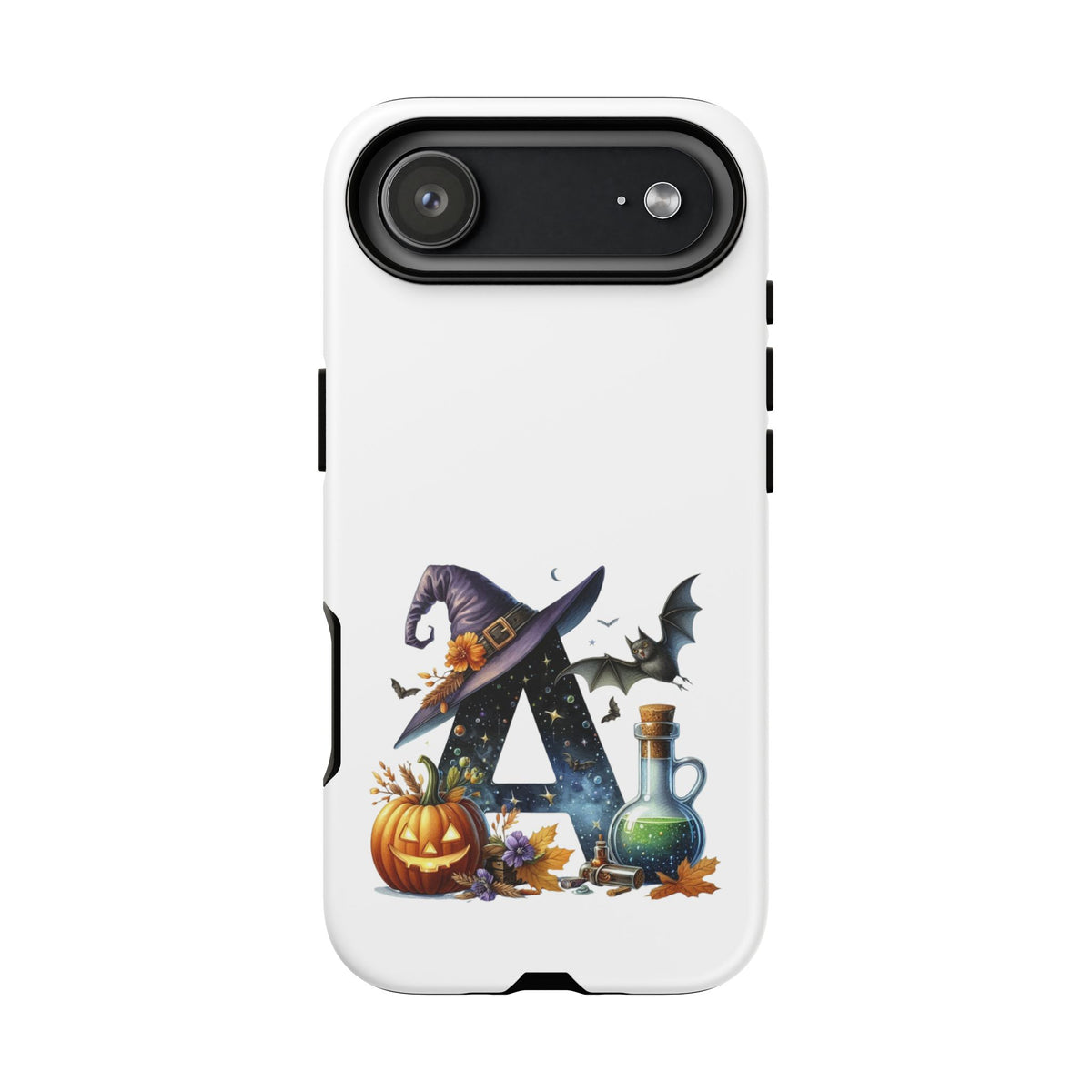 Halloween Witch Initial Phone Case - Letter A Pumpkin, Bat & Potion Cute Fall Phone Cover