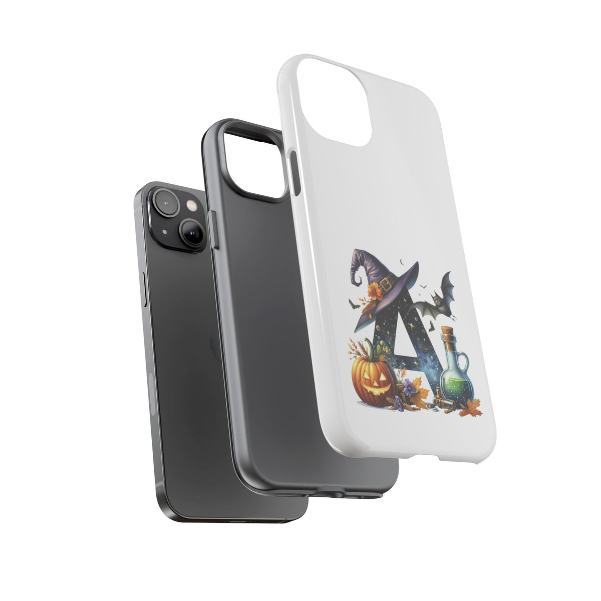Halloween Witch Initial Phone Case - Letter A Pumpkin, Bat & Potion Cute Fall Phone Cover