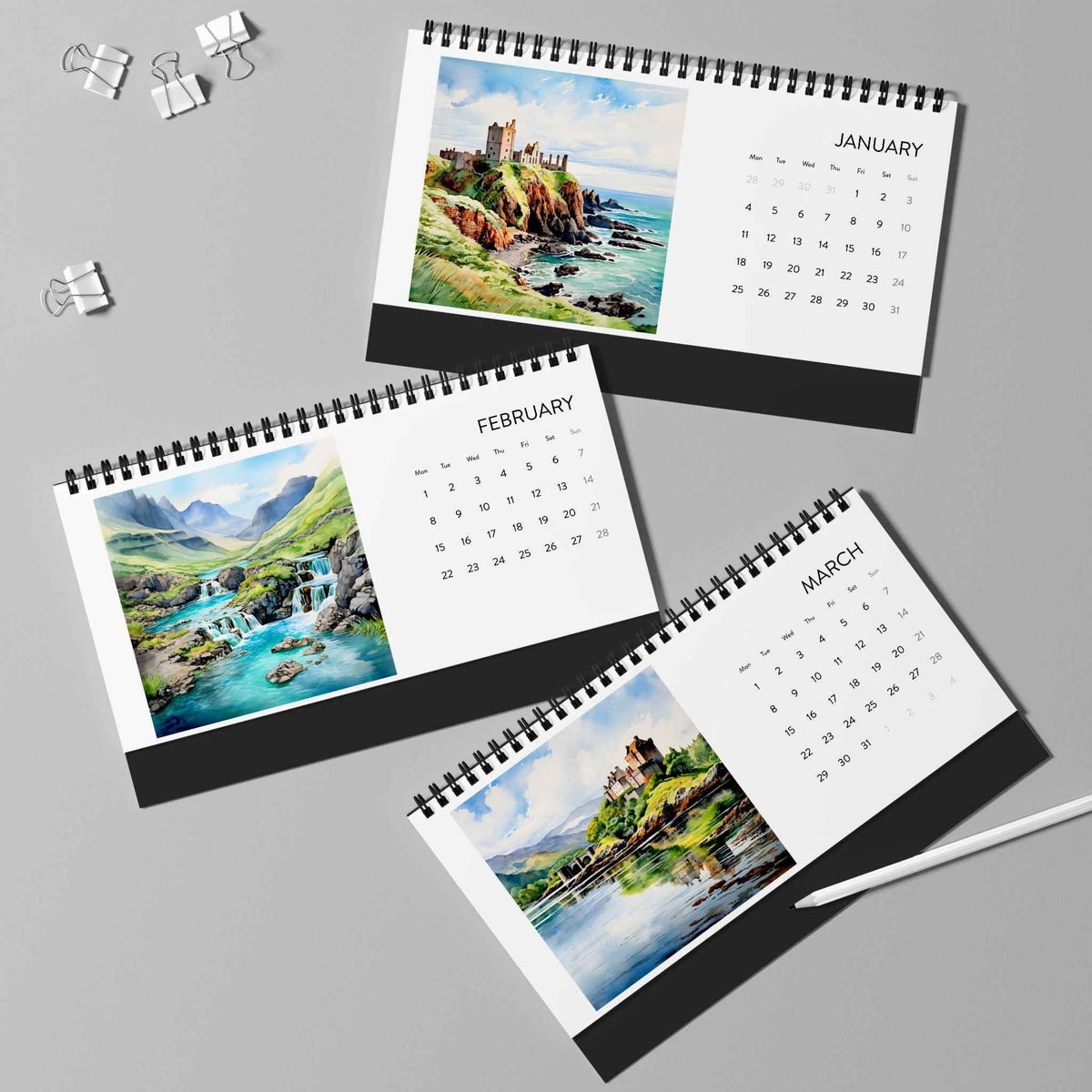 Watercolours of Scotland 2027 Desk Calendar — Simplex Grid