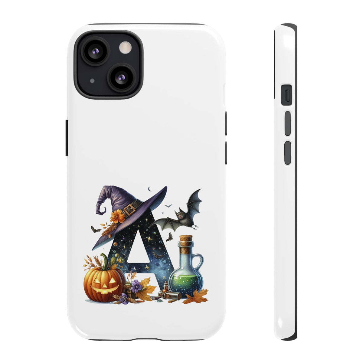 Halloween Witch Initial Phone Case - Letter A Pumpkin, Bat & Potion Cute Fall Phone Cover