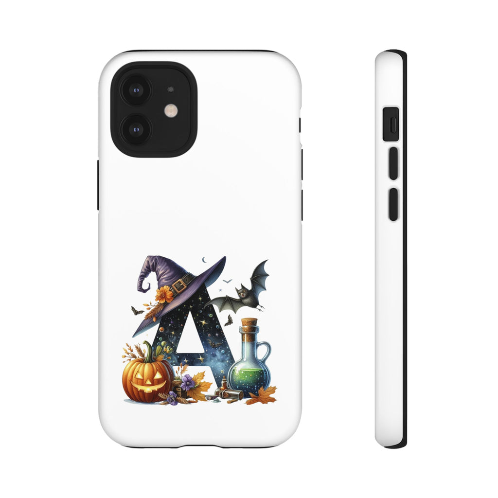 Halloween Witch Initial Phone Case - Letter A Pumpkin, Bat & Potion Cute Fall Phone Cover