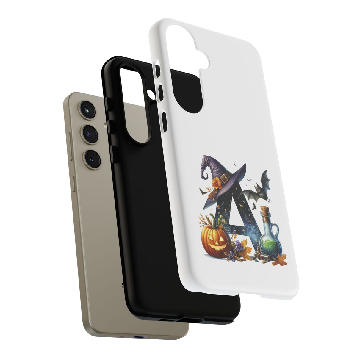Halloween Witch Initial Phone Case - Letter A Pumpkin, Bat & Potion Cute Fall Phone Cover