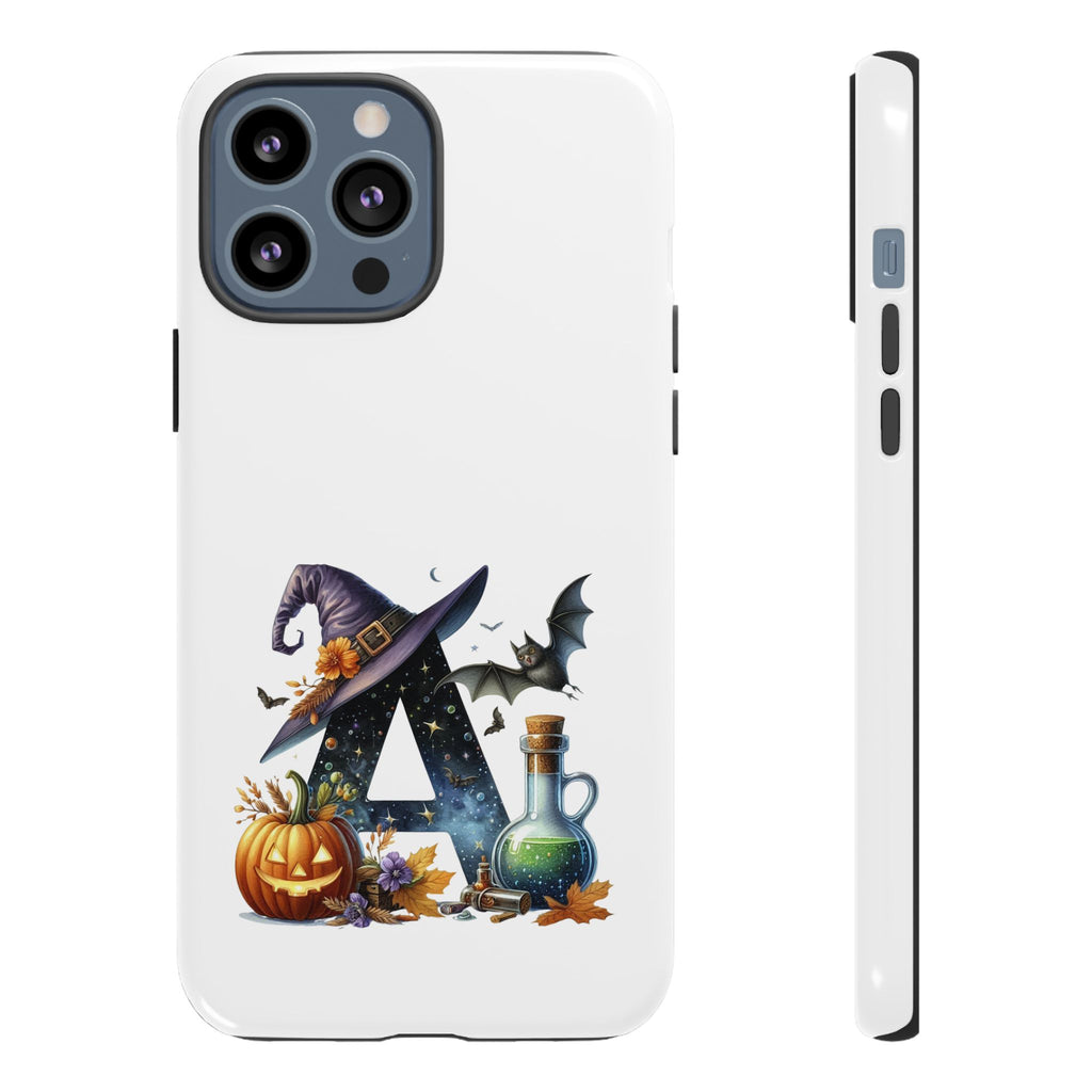 Halloween Witch Initial Phone Case - Letter A Pumpkin, Bat & Potion Cute Fall Phone Cover