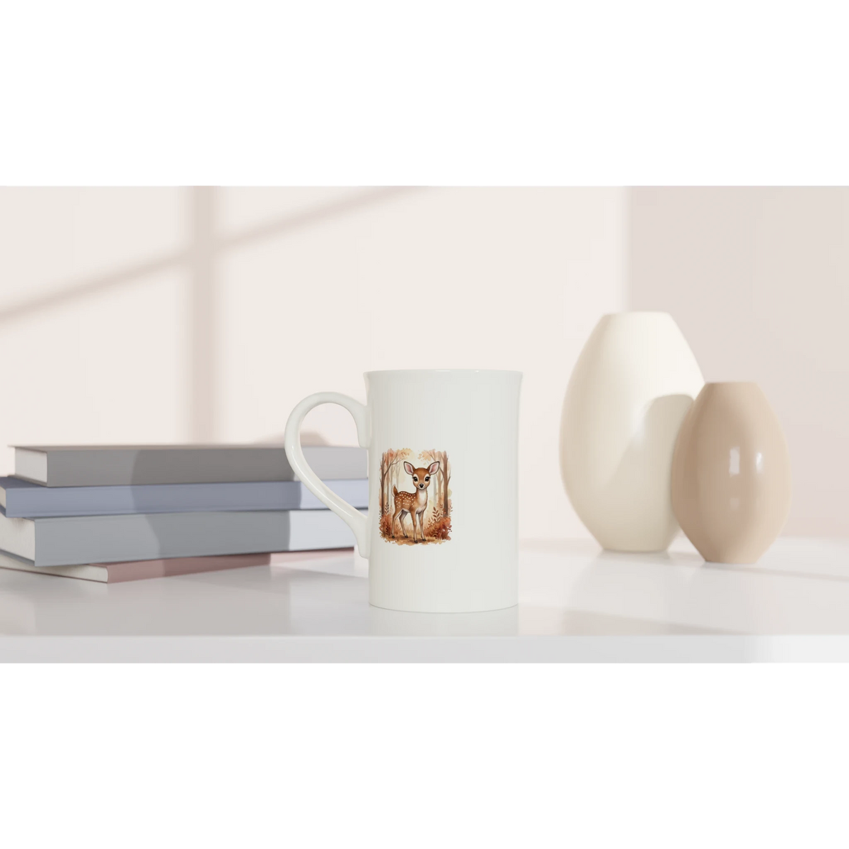 Deer Porcelain Slim Mug – Elegant 10oz White Coffee Cup