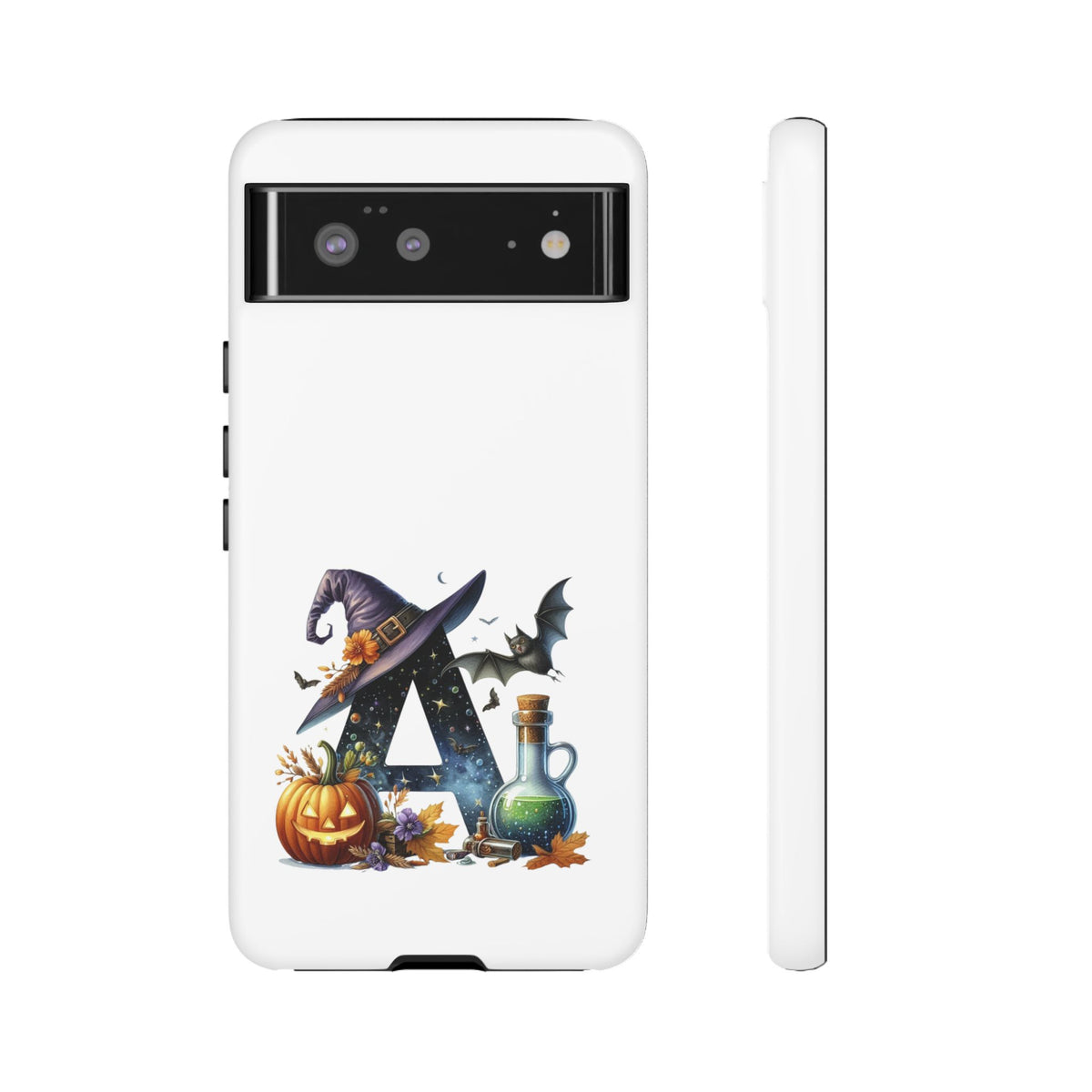 Halloween Witch Initial Phone Case - Letter A Pumpkin, Bat & Potion Cute Fall Phone Cover